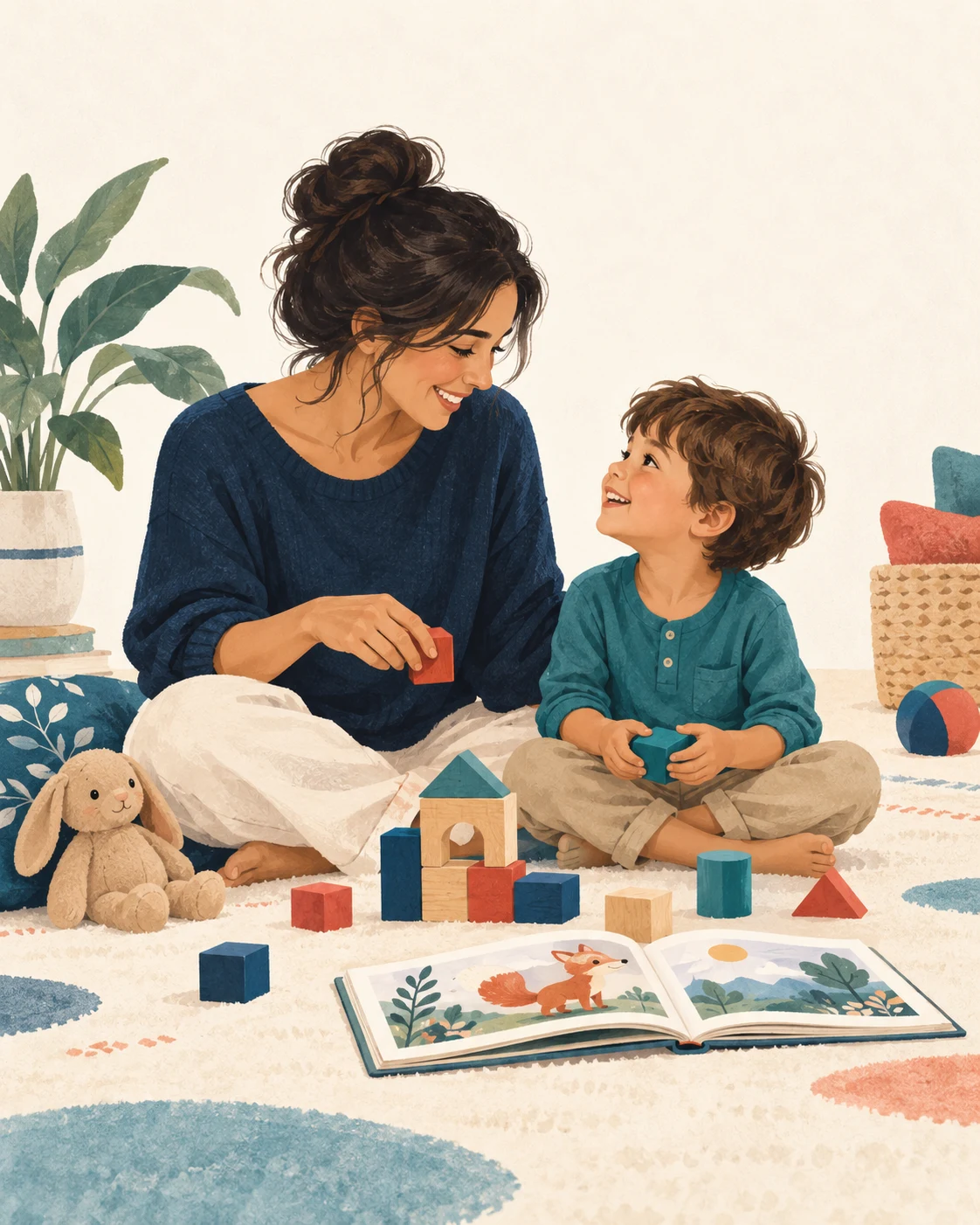 Ilustração de uma mãe e uma criança compartilhando uma brincadeira com blocos e livro
